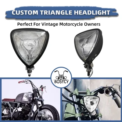 BOSYCY Motorcycle LED Headlight CustomTriangle Front Spotlight Vintage Head-Lamp, Universal Fit Harley Chopper Bobber Cafe Racer